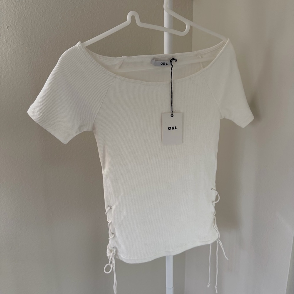 NWT🔖SNIDEL Knit Top Crop Sweater White Side Lacing Short Sleeve Tee